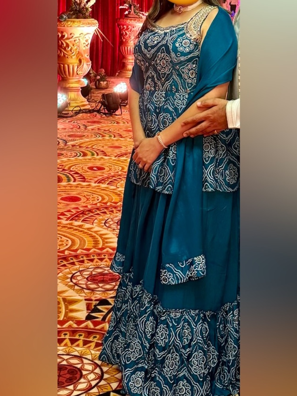Peacock Blue Bandhani Peplum Kurti & Skirt Set | Indo-Western Festive (L)